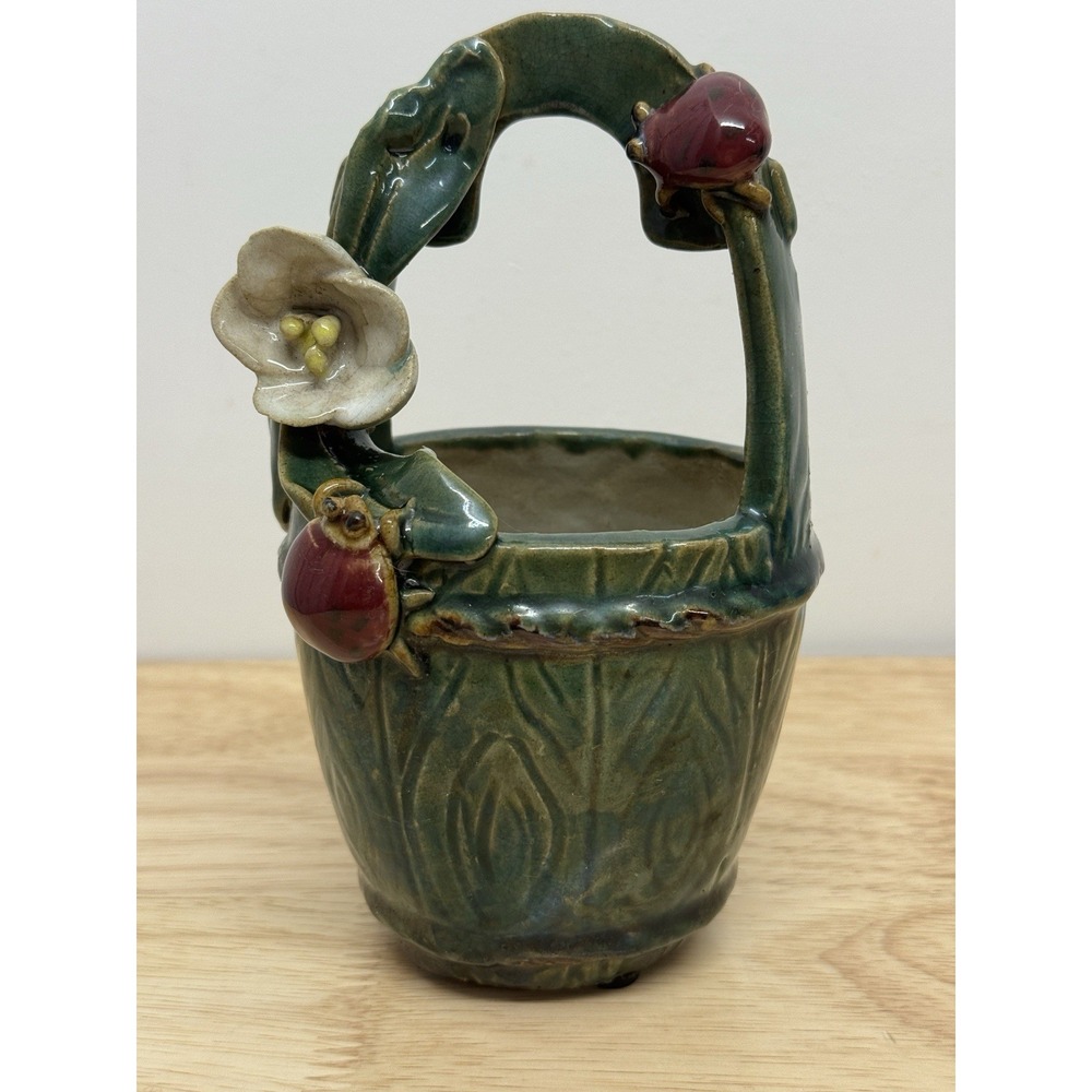 Vintage Mojolica Vase flower & Ladybugs, Hand made, Planter, Green Pottery #61